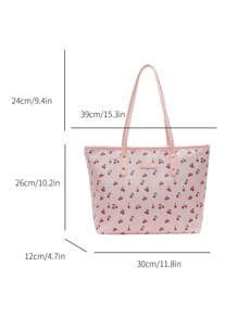 2024新款甜樱桃图案PU手提包，防水设计，时尚大容量单肩包，适合女性日常使用、上学、通勤，可折叠，商务休闲皆宜，是女大学生、教师、上班族、度假、海滩、购物的理想之选，拉链手提包，教师节最佳礼物 - 粉色 - 查看 10