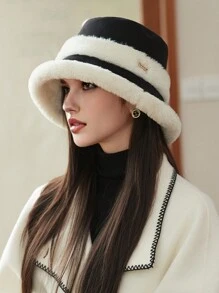 1pc Women's Plush Patchwork Bucket Hat, Warm Thermal Lined Winter Cap With Ear Flaps, Suitable For Casual Wear, Autumn/Winter - MM1709 - View 1