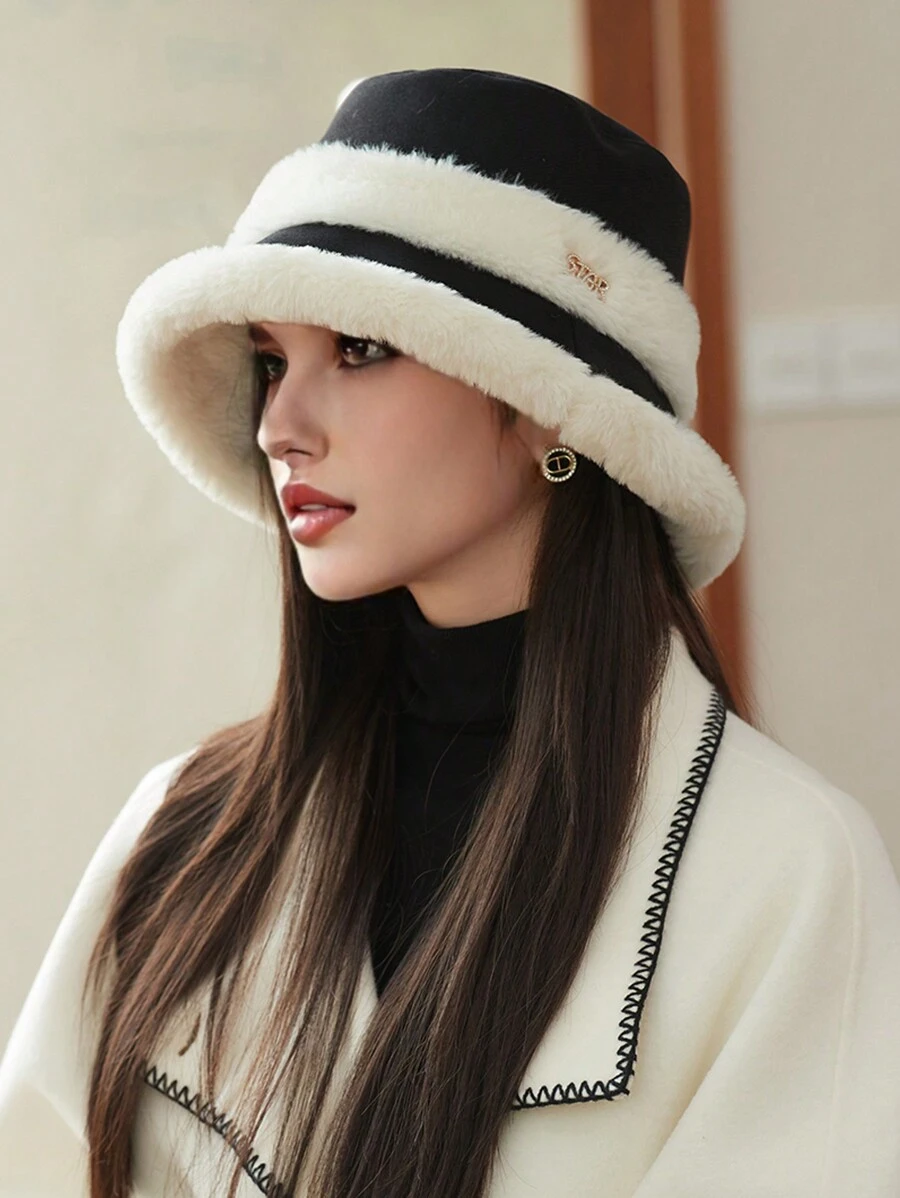 1pc Women's Plush Patchwork Bucket Hat, Warm Thermal Lined Winter Cap With Ear Flaps, Suitable For Casual Wear, Autumn/Winter - MM1709 - View 1