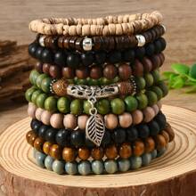 10pcs Bohemian Style Handmade Wood Beaded Bracelets, Couples Bracelet Gift Set