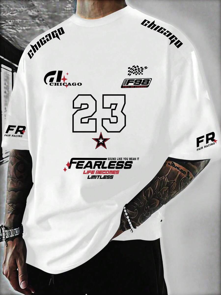 Plus Size Men's Sports Number 23 English Text Casual Round Neck Commute Versatile Short Sleeve T-Shirt - White - View 1