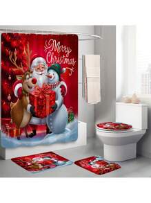 1pc/4pcs Christmas Santa Claus, Reindeer, Snowman, Christmas Tree Print Shower Curtain Set, Waterproof Shower Curtain With 12 Hooks, Bath Mat, Toilet U-Shaped Mat, Toilet Seat Cover, Bathroom Divider, Bathroom Accessories, Bathroom Decor Fall Decor Back To School