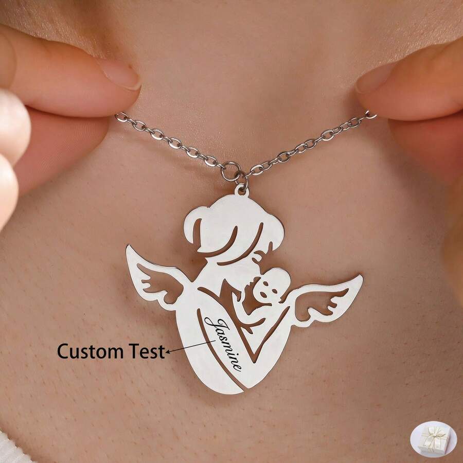 1 件优雅不锈钢“妈妈我爱你”吊坠项链，个性化激光雕刻名字，适合日常佩戴，家庭配饰，送给妈妈和儿子的完美母亲节礼物 - 銀色 - 查看 1