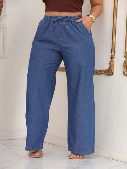 CALÇA JEANS PANTALONA WIDE LEG CINTURA ALTA COM ELASTICO NO CÓS E BOLSOS