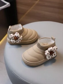 1 双女童可爱花朵装饰 PU 皮革雪地靴，防滑耐磨保暖保暖内衬婴儿短靴，秋冬 - 卡其色 - 查看 5