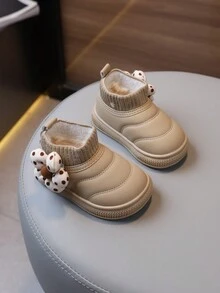 1 双女童可爱花朵装饰 PU 皮革雪地靴，防滑耐磨保暖保暖内衬婴儿短靴，秋冬 - 卡其色 - 查看 6