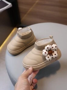 1 双女童可爱花朵装饰 PU 皮革雪地靴，防滑耐磨保暖保暖内衬婴儿短靴，秋冬 - 卡其色 - 查看 3
