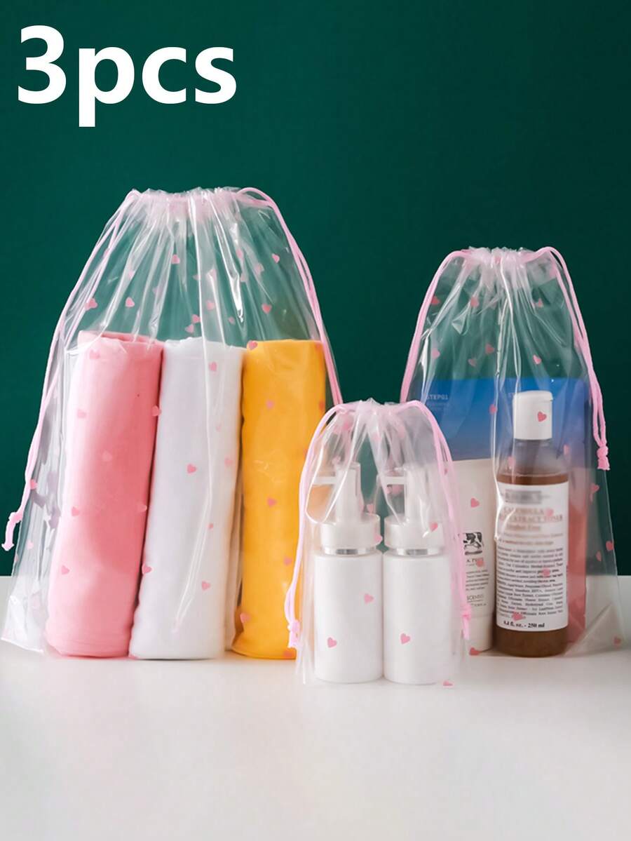 3 件套哑光透明抽绳袋塑料袋内衣袜子包装袋，透明封口旅行收纳袋衣服旅行整理袋行李收纳袋套装邮轮假期海滩度假用品夏季旅行必备女士手提箱内衣袋房间装饰 - 粉色 - 查看 1