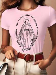 Women's T-Shirt Printed Virgin Mary Cross, Catholic - Baby Pink - View 2