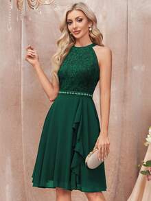 MIUSOL 花卉蕾丝露背荷叶边雪纺舞会礼服，优雅半正式礼服，适合生日、婚礼宾客、毕业典礼及其他场合。 - 墨綠色 - 查看 5