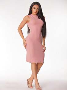 Women's High Neck Midi Ribbed Sheath Dress - 淺粉色 - 查看 1