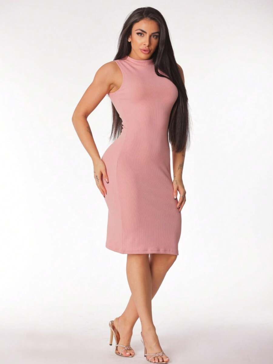 Women's High Neck Midi Ribbed Sheath Dress - 淺粉色 - 查看 1