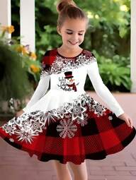 Young Girl Spliced Snowman Graphics Long Sleeve Dress, Spring And Autumn Christmas Gifts