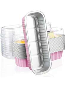 8/10/15/20/24 piezas Moldes rectangulares de cupcakes color rosa con lámina de aluminio, con tapas, un set de moldes de mini torta/muffins resistentes al calor, envases de postre de hojalata, los utensilios de cocina perfectos para bodas, cumpleaños y fiestas - Rosa - Ver 6