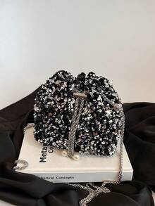 1 件时尚安静奢华迷人亮片女士水桶包 - 时尚闪亮纯色合成斜挎包和单肩包，带抽绳封口，适合女孩、大学生和女士，适合婚礼、派对、度假和晚宴 - 銀色 - 查看 14