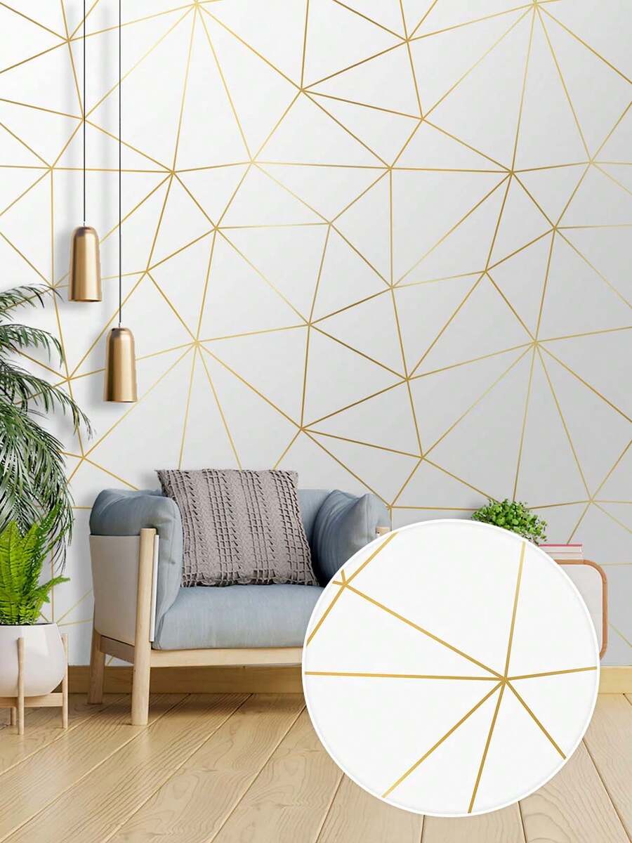 Rolo 3 metros Papel de Parede Auto Adesivo Geométrico Branco e Dourado Lavável Quarto Sala Cozinha Banheiro - Modelo 01 - Visão 1