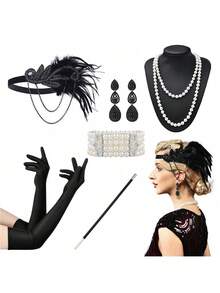8pcs 1920s Gatsby Easter Headpiece Set: Feather Headband, Gloves, Pearl Necklace, Pearl Bracelet, Cigarette Holder, Long Earrings, Music Festival Party Vintage Costume Accessories, Mother's Day Gift - Black - View 16