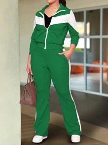 2pcs/Set Women's Fashion & Comfortable Color Block Zip-Up Jacket And Casual Pants Sport Suit, Spring/Autumn