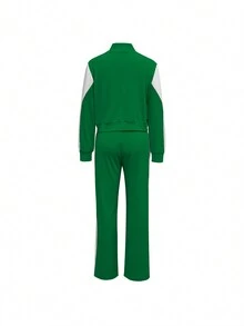 2pcs/Set Women's Fashion & Comfortable Color Block Zip-Up Jacket And Casual Pants Sport Suit, Spring/Autumn