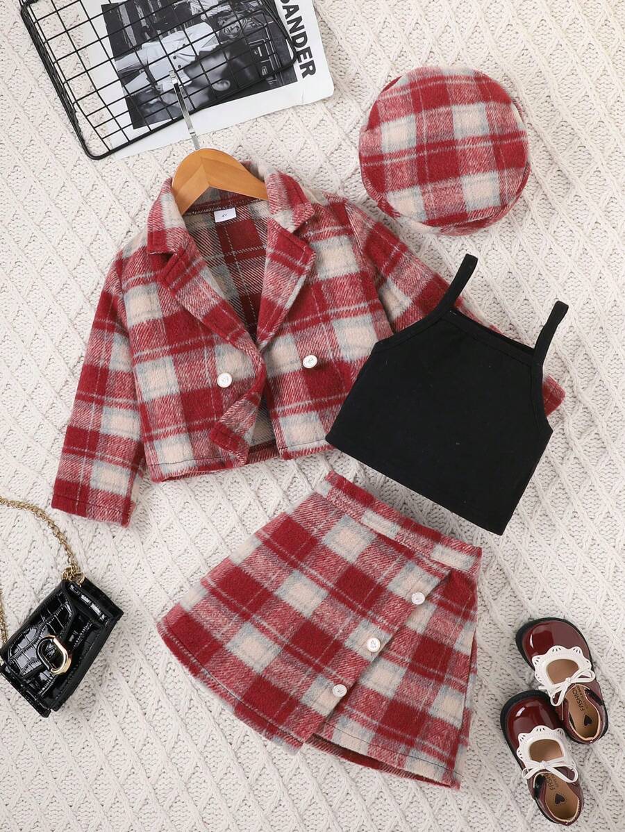 3 Stücke/Set Mädchen Collegestil Rot Karierte Jacke, Rock und Latzkleid, Herbst/Winter - Rot - Übersicht 1