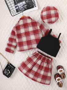 3 Stücke/Set Mädchen Collegestil Rot Karierte Jacke, Rock und Latzkleid, Herbst/Winter - Rot - Übersicht 3