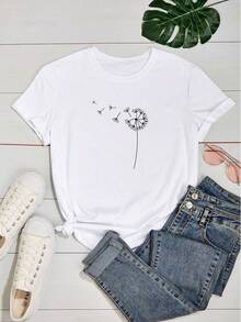 Women's T-Shirt With Dandelion Flower Print - trắng - Xem 2