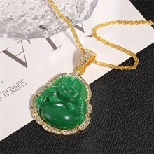 SeuSuk Colar clássico minimalista com pingente de Buda em pedra verde natural com zircônia, presente para homens e mulheres