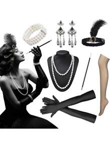 8pcs 1920s Gatsby Easter Headpiece Set: Feather Headband, Gloves, Pearl Necklace, Pearl Bracelet, Cigarette Holder, Long Earrings, Music Festival Party Vintage Costume Accessories, Mother's Day Gift - Black - View 9