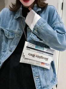 1pc Fashionable Newspaper Print Chain Shoulder Bag, Funny Envelope Design, Suitable For Women Daily Use - White - View 2
