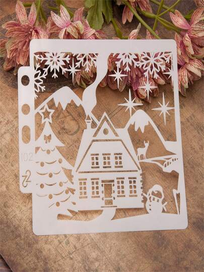 1pc Christmas Winter House Pattern Painting Template, Pre-Drawn Border Ruler Painting Stencil, DIY Freehand Graffiti Painting Model, Reusable Painting Template