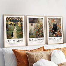 3 件复古乡村风景黑猫花卉小屋墙壁艺术帆布印刷品、古斯塔夫·克里姆特风格墙壁艺术、古斯塔夫·克里姆特海报、古斯塔夫·克里姆特绘画、可爱动物墙壁艺术、花卉市场印刷品、乡村墙壁艺术、家居装饰、卧室装饰 - 彩色 - 查看 9