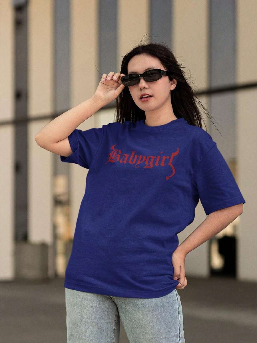 Women's Oversized T-Shirt 100% Premium Cotton Babygirl Shirt Streetwear - 藏蓝色 - 查看 1