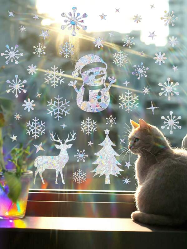 25/29 Pieces/Set Christmas Snowman Snowflake Sparkling Cloud Colored Window Stickers, Snowman Snowflake Seven Rainbow Prism Electrostatic Glass Stickers, Colored Bird Anti Collision Stickers Sunshine Catcher Colored Self Adhesive Decorative Window Stickers, Suitable For Christmas Party Supplies, Thanksgiving Party Supplies Decorative Window Stickers