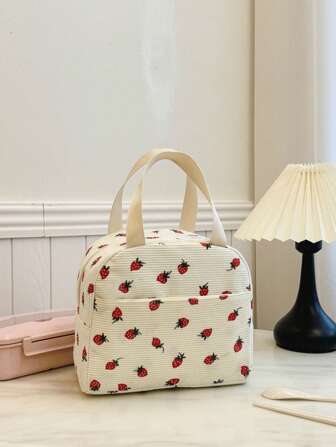 便携式午餐包，防水保温午餐盒，便当包，晚餐保温包，可爱水果午餐包（学生款），粉色豹纹花卉图案返校用品包