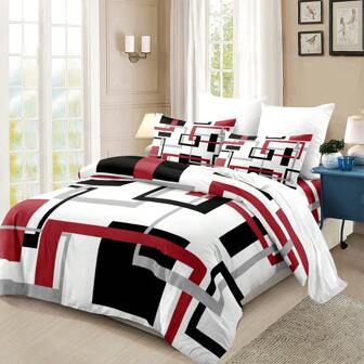 Juego de Ropa de Cama de 3 piezas con Estampado Geométrico Rojo y Negro (1*Funda Nórdica + 2*Fundas de Almohada, Sin Relleno) - Juego de Ropa de Cama Ligero y Transpirable para Dormitorio y Habitación Universitaria con Estampado Geométrico, Edredón y Cubrecamas Cómodos - De Fácil Cuidado, Hipoalergénicos y Suaves con la Piel