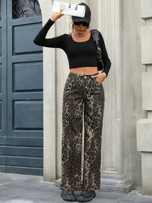 Mobula Sound Versatile Casual Fashionable Leopard Print Straight Leg Women's Jeans - Coffee Brown - View 6