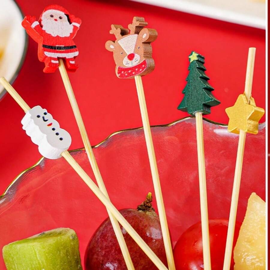 100 件圣诞水果/食物签，带雪花、驯鹿、圣诞老人、雪人形状的竹签，用于鸡尾酒、三明治和蛋糕的装饰 - 彩色 - 查看 1