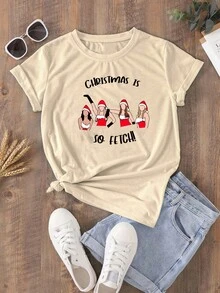Unisex Funny Christmas Print T-Shirt - Màu Khaki - Xem 1