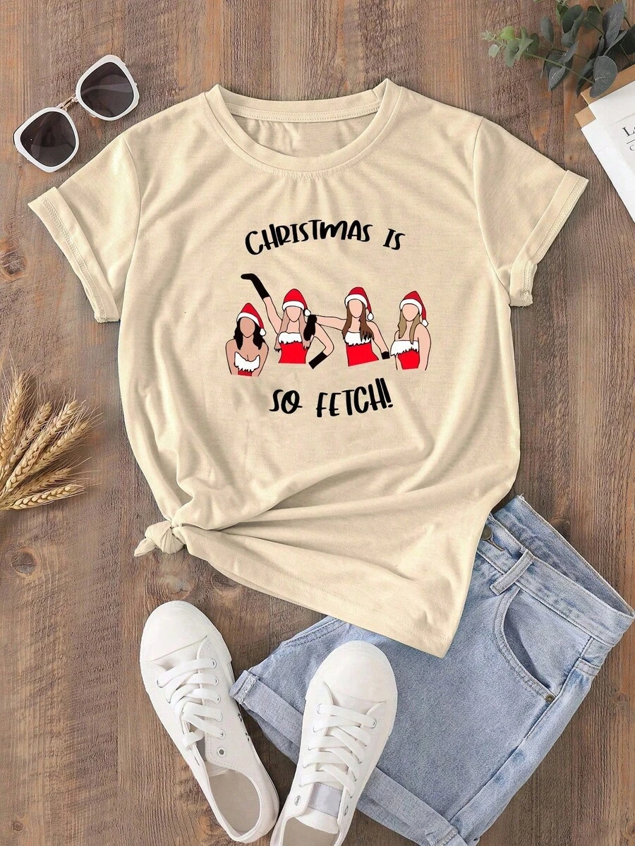 Unisex Funny Christmas Print T-Shirt - Màu Khaki - Xem 1