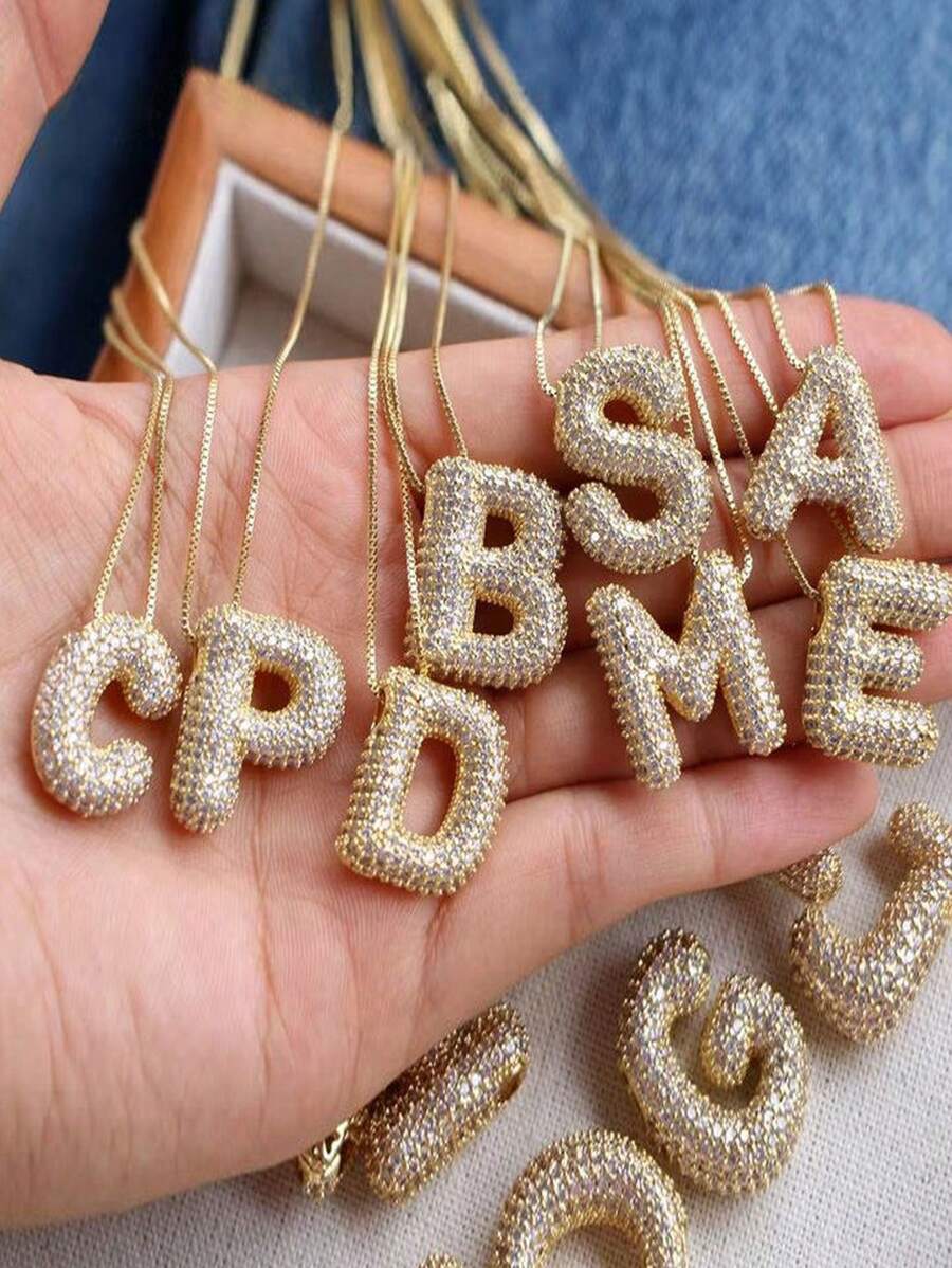 A-Z CZ Zirconia Letter Pendant Necklace, Unisex Punk Style Initial Necklace, Stainless Steel Fashionable Hip Hop Jewelry - Gold 5 - View 1