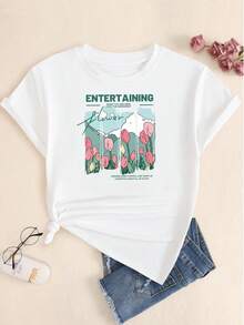 Entertaining Flowers Printed T-Shirt Casual Women Blouse Streetwear - trắng - Xem 1