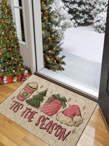 1pc 'Beige Base Pink Coffee Cup Christmas Tree Gift Box And Pink Hat Christmas' Doormat, Indoor Mat, Throw Rug, Creative Door Mat, Entryway Themed Mat, Home Decor, Non-Slip Floor Rug Mat, Bedroom Accessories, Photo Props, Outdoor Decor, Throw Rug, Area Rug, Gift