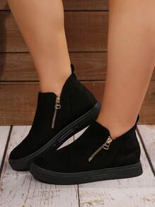 秋冬女式大码踝靴和短靴，米色休闲平底鞋，新款女士拉链短靴，宽楦，毛绒靴