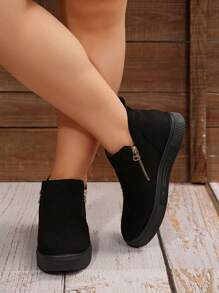 秋冬女式大码踝靴和短靴，米色休闲平底鞋，新款女士拉链短靴，宽楦，毛绒靴