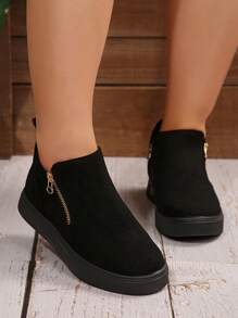 秋冬女式大码踝靴和短靴，米色休闲平底鞋，新款女士拉链短靴，宽楦，毛绒靴