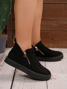 秋冬女式大码踝靴和短靴，米色休闲平底鞋，新款女士拉链短靴，宽楦，毛绒靴