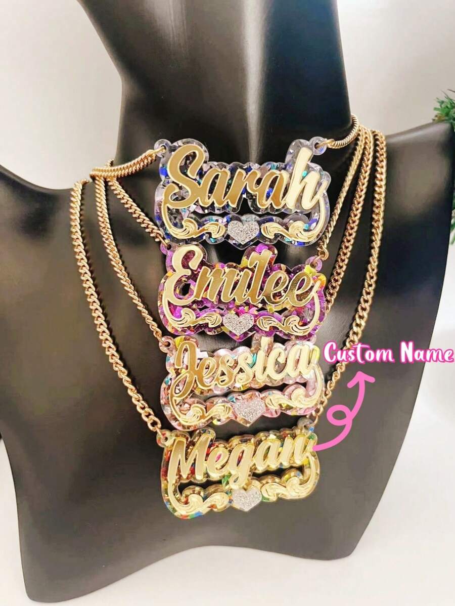 Dây chuyền khắc tên theo yêu cầu - Dây chuyền khắc tên lấp lánh - Dây chuyền khắc tên bằng acrylic - Mặt dây chuyền khắc tên cá nhân với ren hình trái tim lấp lánh - Dây chuyền khắc tên - Quà tặng tùy chỉnh màu vàng, phong cách, thời trang mùa thu, cổ điển, unisex, đơn giản, thường ngày, hipster, gothic, punk. Quà tặng lý tưởng độc đáo dành cho người yêu, bạn trai, bạn gái, bố, mẹ, trang sức cho phụ nữ. - vàng - Xem 1