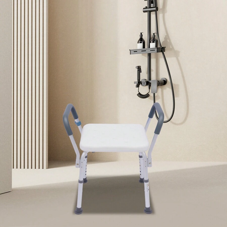 YUNRUX Duschstuhl mit Armlehnen, Duschhocker mit max. Tragfähigkeit von 150 kg, rutschfester Badesessel für ältere und behinderte Menschen, ergonomische Armlehnen, rutschfeste Füße, Badezimmerdekoration, Sommer, Rückkehr zur Schule