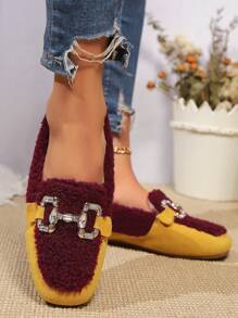 女士平底方头拼色一脚蹬穆勒鞋，毛绒家居/户外拖鞋，舒适适合派对、休闲场合、秋冬季 - 紅色 - 查看 2