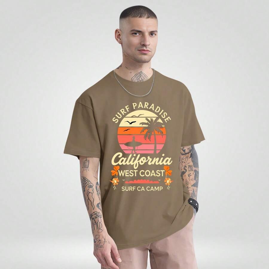 Oversized T-Shirt California Surf Paradise Shirt Casual Surfer Beach Summer T Shirt Streetwear - 卡其色 - 查看 1